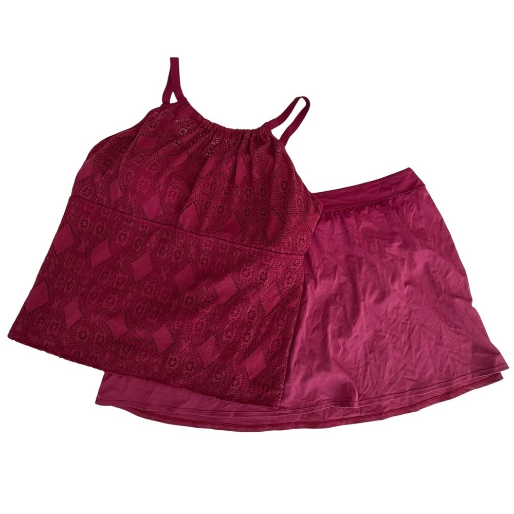 Denim & Co Beach High-Neck Tankini Swimsuit Set Red Lace Crochet 28W A350350
